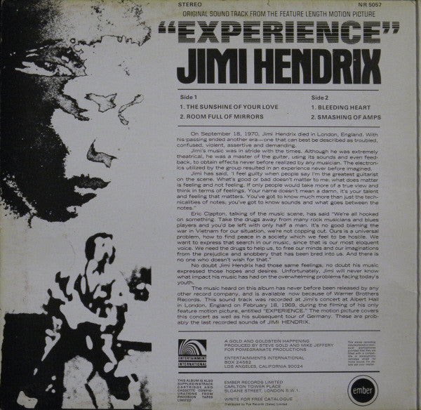 Jimi Hendrix – Original Sound Track 'Experience' 1971	Rock, Stage & Screen Style: Blues Rock, Soundtrack, Psychedelic Rock (Vinyl)