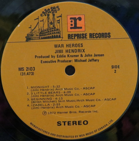 JIMI HENDRIX — War Heroes (Reprise Records, MS 2103) Psychedelic Rock, Blues Rock (Vinyl – Canadian Release) NMint