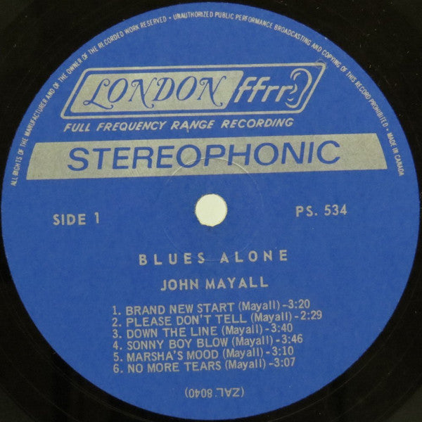 John Mayall The Blues Alone - 1967-	Electric Blues, Blues Rock, Chicago Blues, Piano Blues, Harmonica Blues (Clearnce Vinyl)