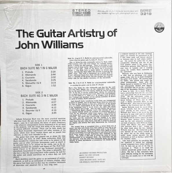 John Williams  Bach, Johann Sebastian Bach – The Guitar Artistry Of John Williams The Guitar Artistry Of John Williams: Bach Suites No. 1 In G Major · Suite No. 3 In C Major- 1968 Classical Style: Baroque (Mint Vinyl))