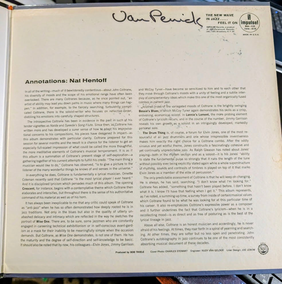 John Coltrane Quartet Crescent 1964 Jazz Style: Post Bop, Modal (Rare Vinyl) Name on inside cover