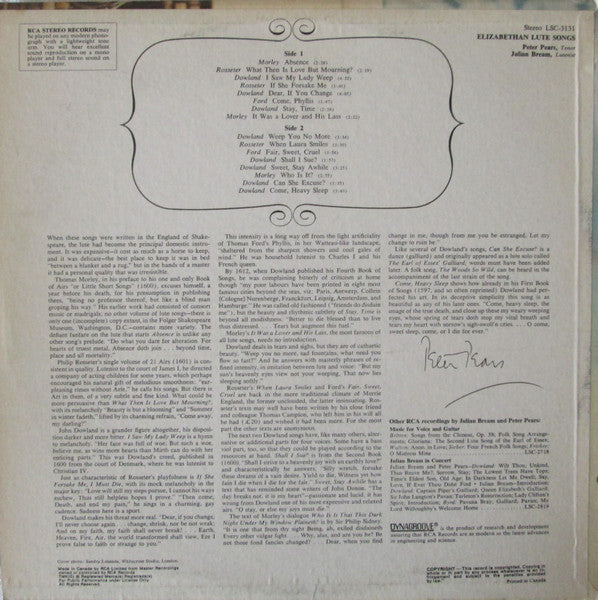 Julian Bream / Peter Pears - Dowland • Ford • Morley • Rosseter – Elizabethan Lute Songs - 1970-Classical Style: Renaissance (Vinyl) NM