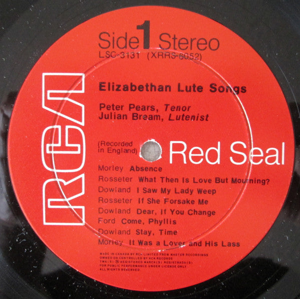 Julian Bream / Peter Pears - Dowland • Ford • Morley • Rosseter – Elizabethan Lute Songs - 1970-Classical Style: Renaissance (Vinyl) NM