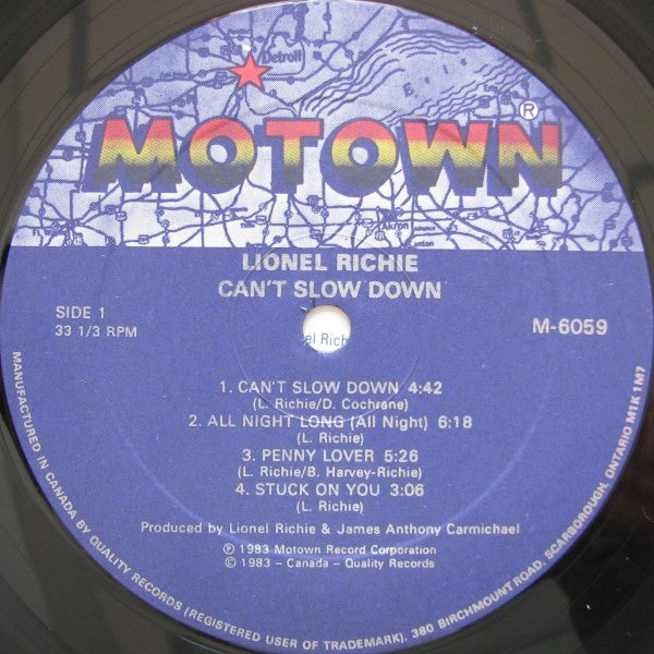 Lionel Richie ‎– Can't Slow Down 1983  Pop Rock (clearance vinyl) Overstocked **