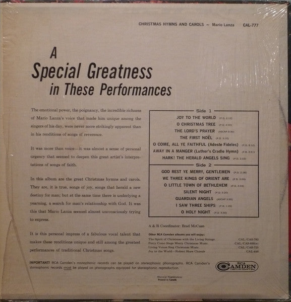 Mario Lanza – Christmas Hymns And Carols 	Pop, Classical Style: Vocal, Holiday (VINYL)