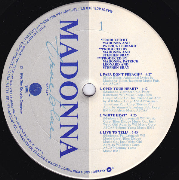 Madonna ‎– True Blue -1986 Pop Rock / (vinyl)