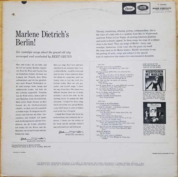 Marlene Dietrich – Marlene Dietrich's Berlin (Her Nostalgic Songs About The Grand Old City) -1966-Chanson, Vocal, Schlager (Vinyl) NM