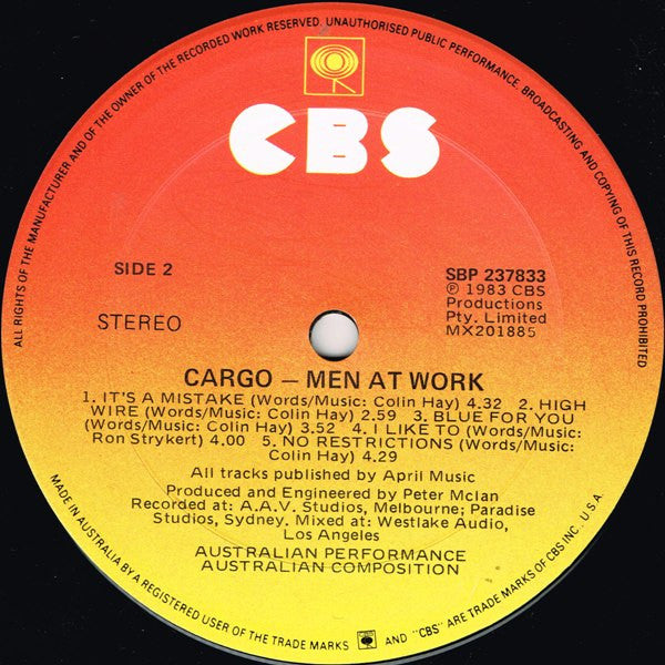 Men At Work - Cargo -1983 Pop Rock, New Wave ( vinyl ) Mint