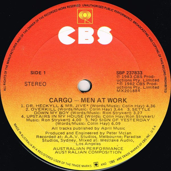 Men At Work - Cargo -1983 Pop Rock, New Wave ( vinyl ) Mint