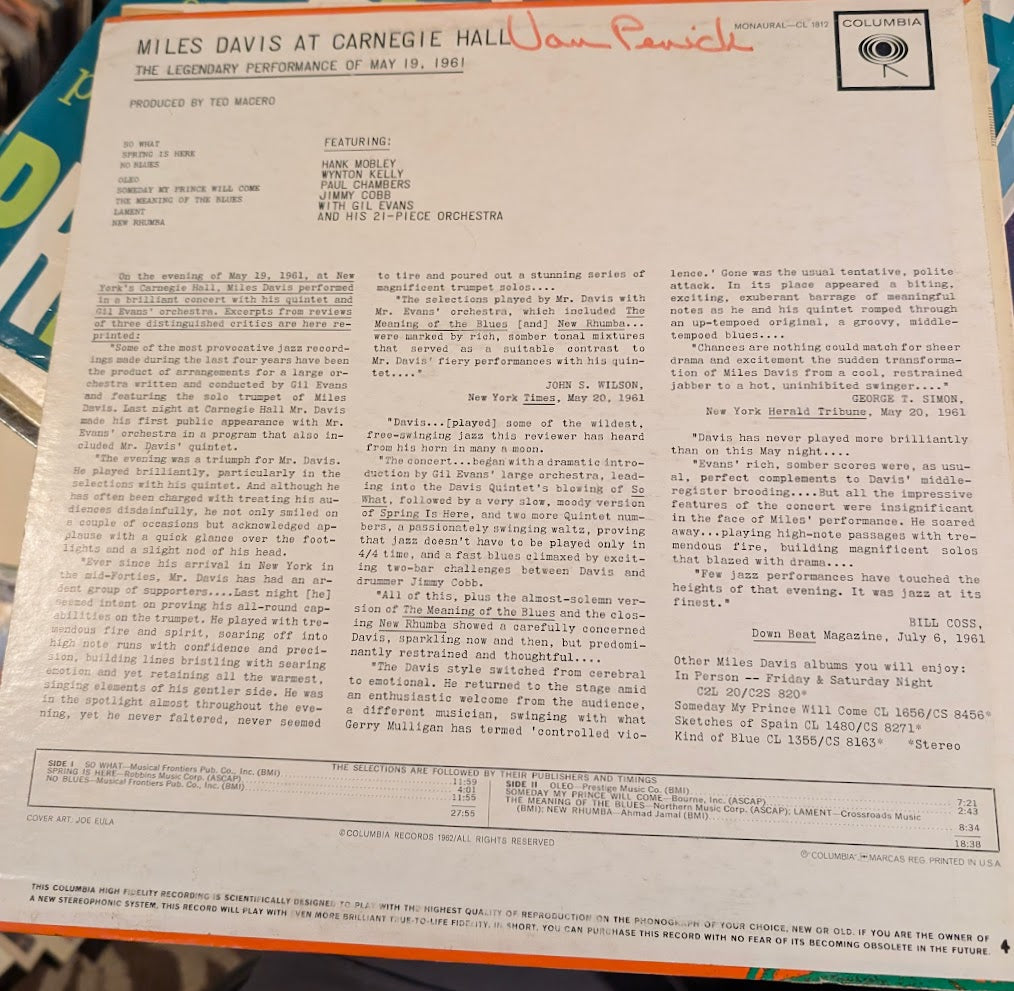 Miles Davis – Miles Davis At Carnegie Hall - 1962-Jazz Style: Hard Bop, Modal ( extremely rare 1st pressing )