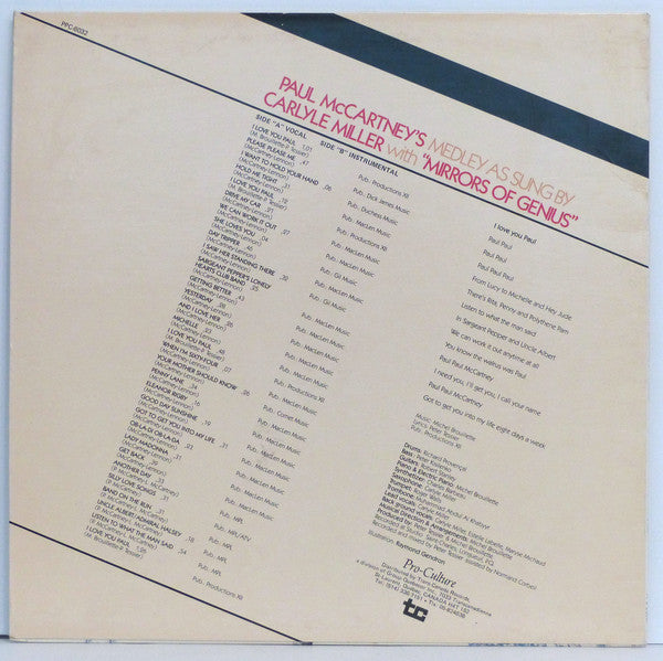 Mirrors Of Genius, Carlyle Miller ‎– Paul McCartney's Medley As Sung By Carlyle Miller with "Mirrors Of Genius" -1982- Pop (vinyl)
