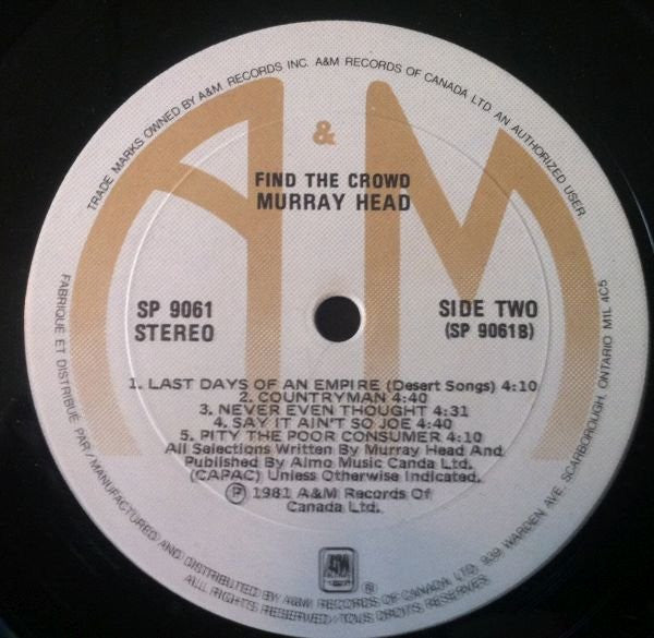 Murray Head – Find The Crowd 	1981 Genre: Rock, Pop Style: Soft Rock (vinyl)