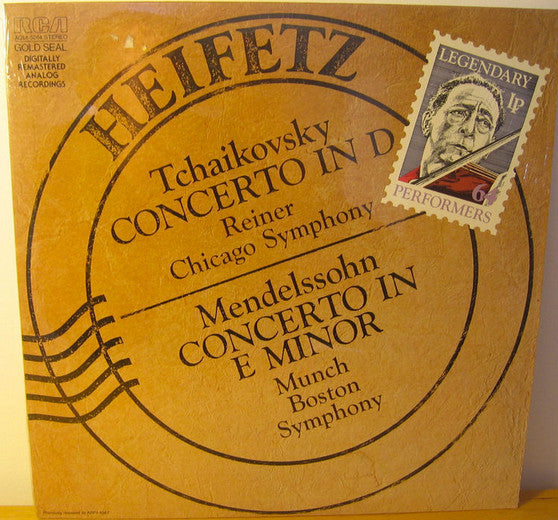 Jascha Heifetz, Pyotr Ilyich Tchaikovsky, Fritz Reiner, Chicago Symphony Orchestra, Felix Mendelssohn-Bartholdy, Charles Munch, Boston Symphony Orchestra – Concerto In D / Concerto In E Minor – 1985 – Romantic (vinyl lp)