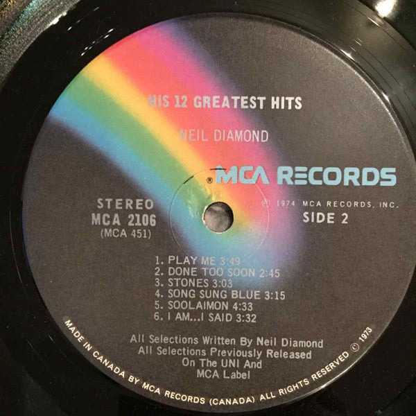 Neil Diamond – His 12 Greatest Hits – 1974 – Pop / Soft Rock / Singer-Songwriter (Canadian pressing) Vinyl