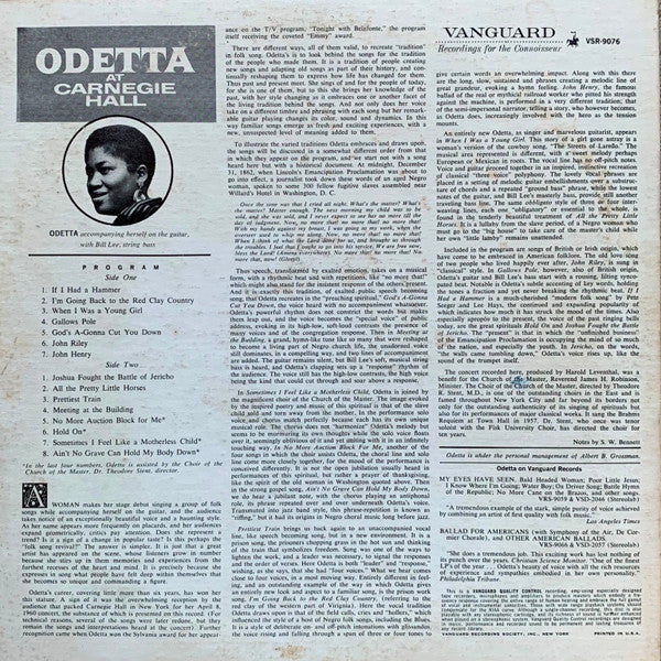 Odetta – Odetta At Carnegie Hall - 1960- Blues, Folk, World, & Country Style: Country Blues, Spirituals, Gospel, Folk (Vinyl)