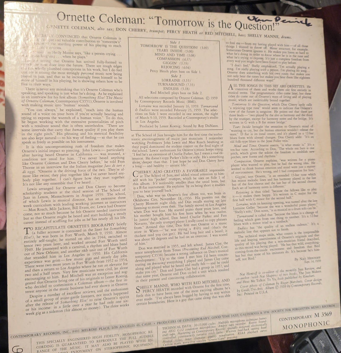 Ornette Coleman Tomorrow Is The Question! 1959 Jazz Style: Free Jazz ( Rare Vinyl )