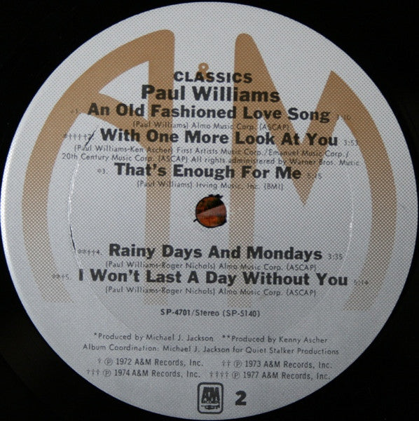 Paul Williams Classics - 1977 	Soft Rock, Pop Rock (Vinyl)