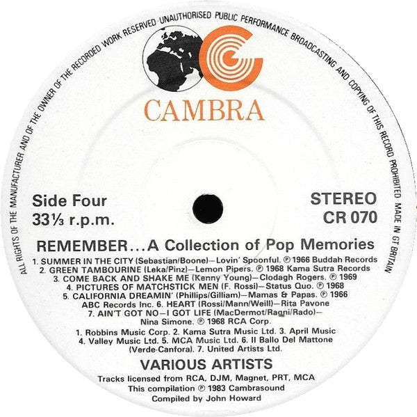 Remember A Collection Of Pop Memories - Rock, Funk / Soul, Pop Style: Psychedelic Rock, Pop Rock, Prog Rock, Soul (Vinyl)