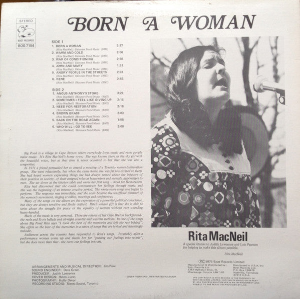 Rita MacNeil ‎– Born A Woman -1975- Folk, Country, Celtic , Maritime (vinyl) mint copy DEBUT ALBUM
