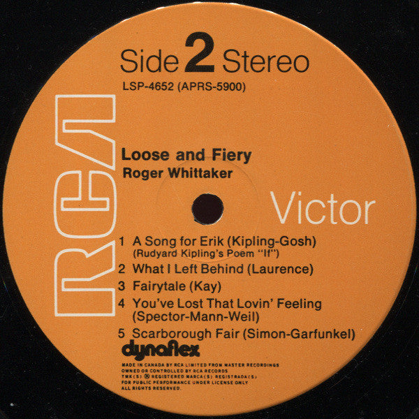 Roger Whittaker – Loose And Fiery -1972-	Pop, Folk, World, & Country (New Vinyl - Sealed )