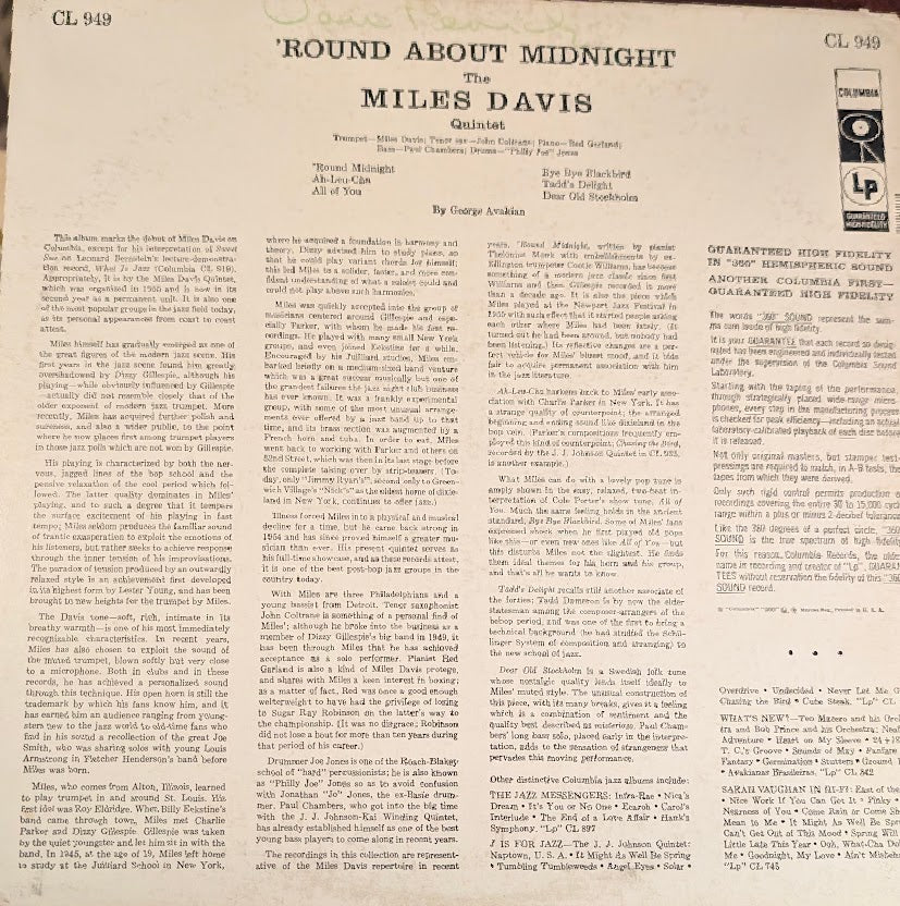 Miles Davis ‎– 'Round About Midnight- 1957 Jazz, Hard Bop