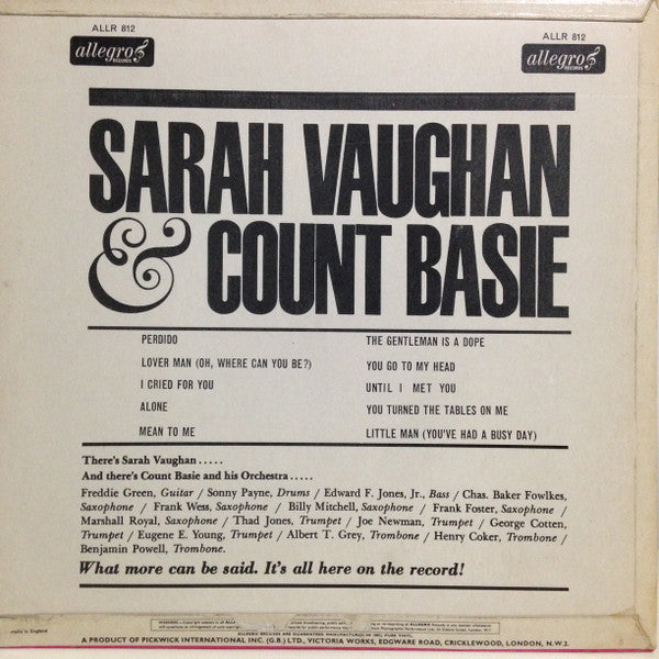 Sarah Vaughan With Count Basie And His Orchestra The Fabulous Sarah Vaughan With Count Basie And His Orchestra 1961- Jazz Style: Big Band (Rare UK Import Vinyl)