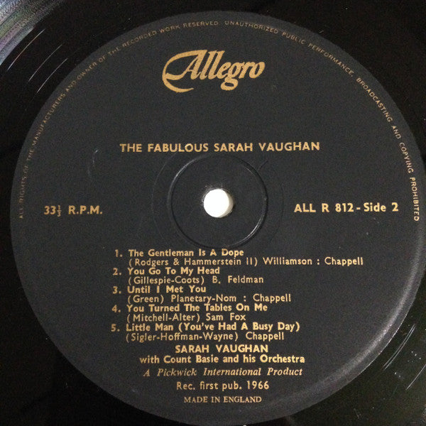 Sarah Vaughan With Count Basie And His Orchestra The Fabulous Sarah Vaughan With Count Basie And His Orchestra 1961- Jazz Style: Big Band (Rare UK Import Vinyl)
