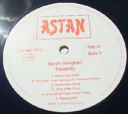 SARAH VAUGHAN – Tenderly ,1980s, Vocal Jazz (vinyl) Astan – 20070 , Vinyl – West Germany