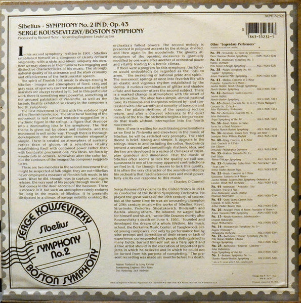 Serge Koussevitzky, Sibelius Boston Symphony – Legendary Performers; Symphony No. 2 -1985-Classical Style: Modern (Mint Vinyl)