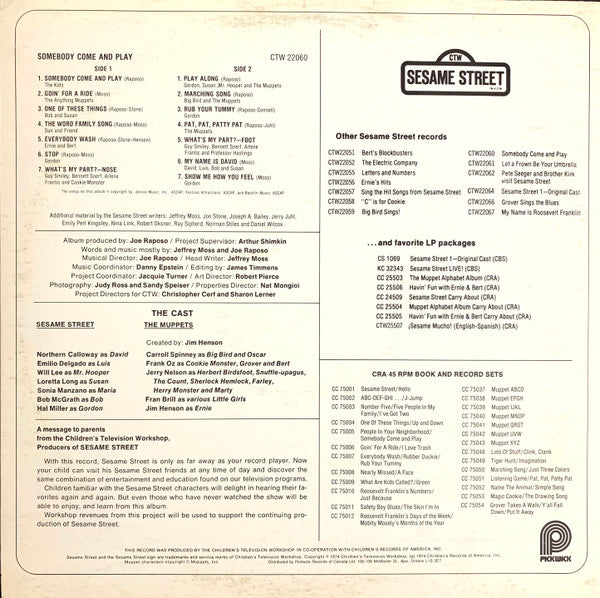 Sesame Street – Somebody Come And Play ...With Me On Sesame Street 1975-Children's, Stage & Screen Style: Educational (Vinyl)