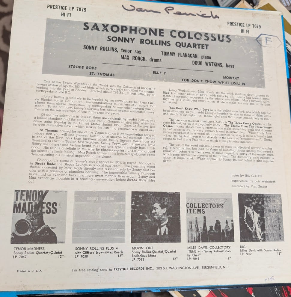 Sonny Rollins – Saxophone Colossus 1958 Genre: Jazz Style: Bop -  Album, Repress, Mono, 203 Jacket ( Very Rare )