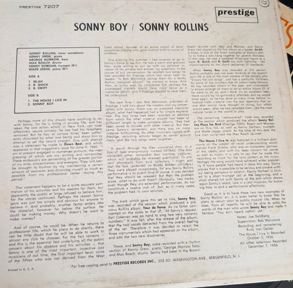 Sonny Rollins – Sonny Boy 1961 Genre: Jazz Style: Bop, Hard Bop ( Rare Mono Vinyl )