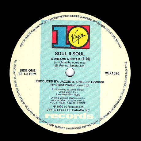 Soul II Soul – A Dreams A Dream - 1990- Electronic, Hip Hop Style: RnB/Swing ( Vinyl, 12", 33 ⅓ RPM )