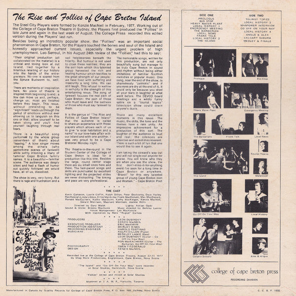 The Rise And Follies Of Cape Breton Island -Steel City Players ‎–1977  Musical, Comedy (vinyl)