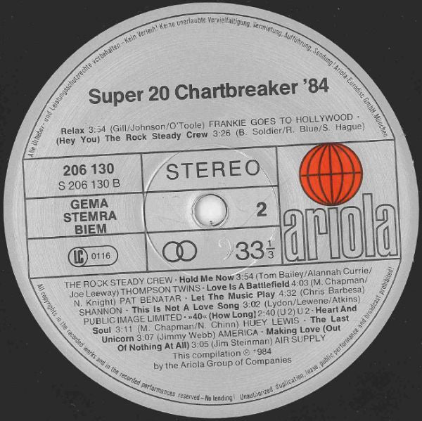 Super 20 Chart-Breaker '84 - Electronic, Hip Hop, Rock, Funk / Soul, Pop Reggae, Pop Rock, Disco, Hi NRG, Electro, Synth-pop, Italo-Disco, New Wave, Pop Rap -  80's ARTISTS (Vinyl)