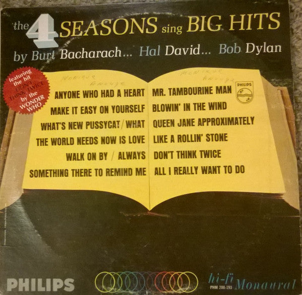 The 4 Seasons The 4 Seasons Sing Big Hits By Burt Bacharach... Hal David... Bob Dylan -1965 Pop (rare Vinyl)