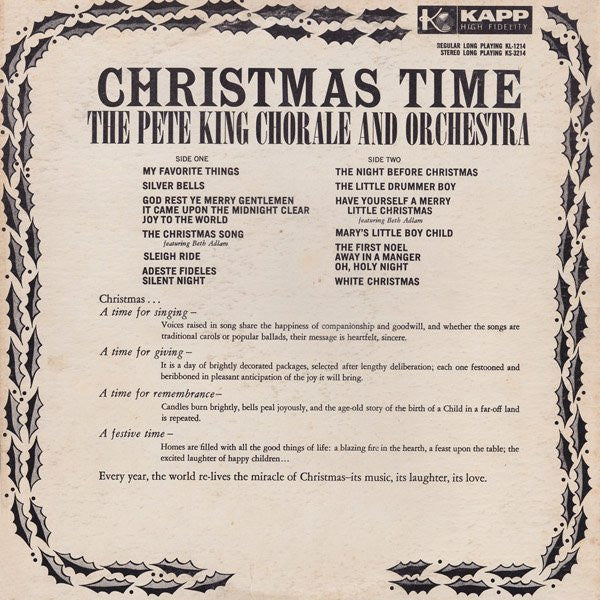 The Pete King Chorale – Christmas Time  1960-  Folk, World, & Country  Choral, Holiday Christmas (Vinyl)