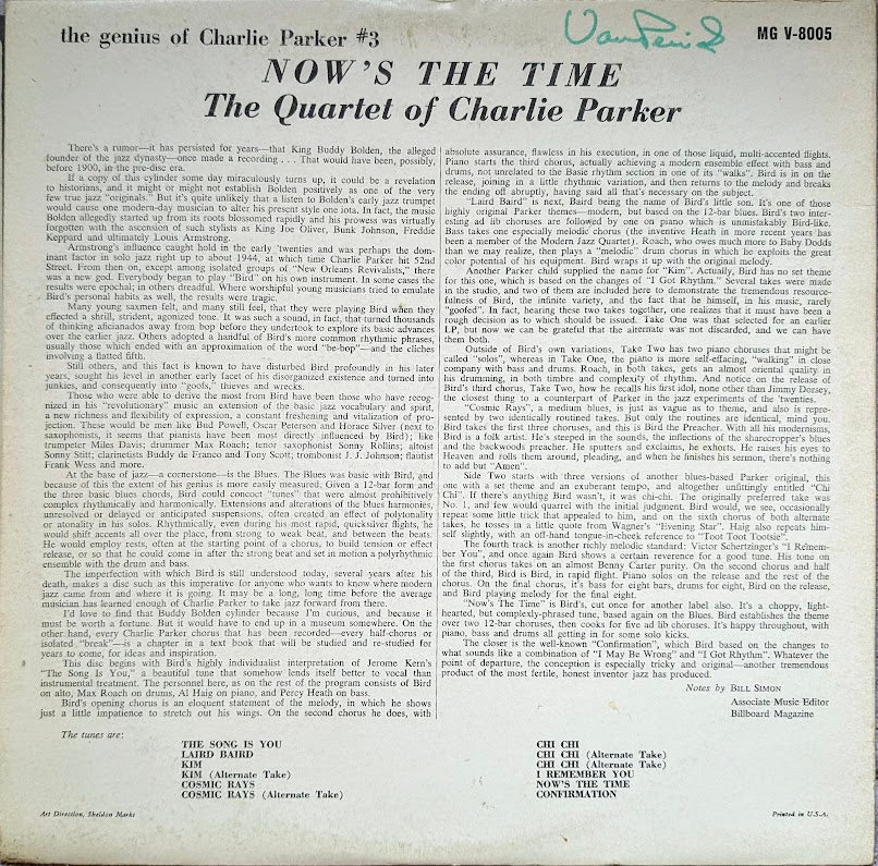 The Quartet Of Charlie Parker Now's The Time 1960-Jazz Style: Bop (Vinyl)