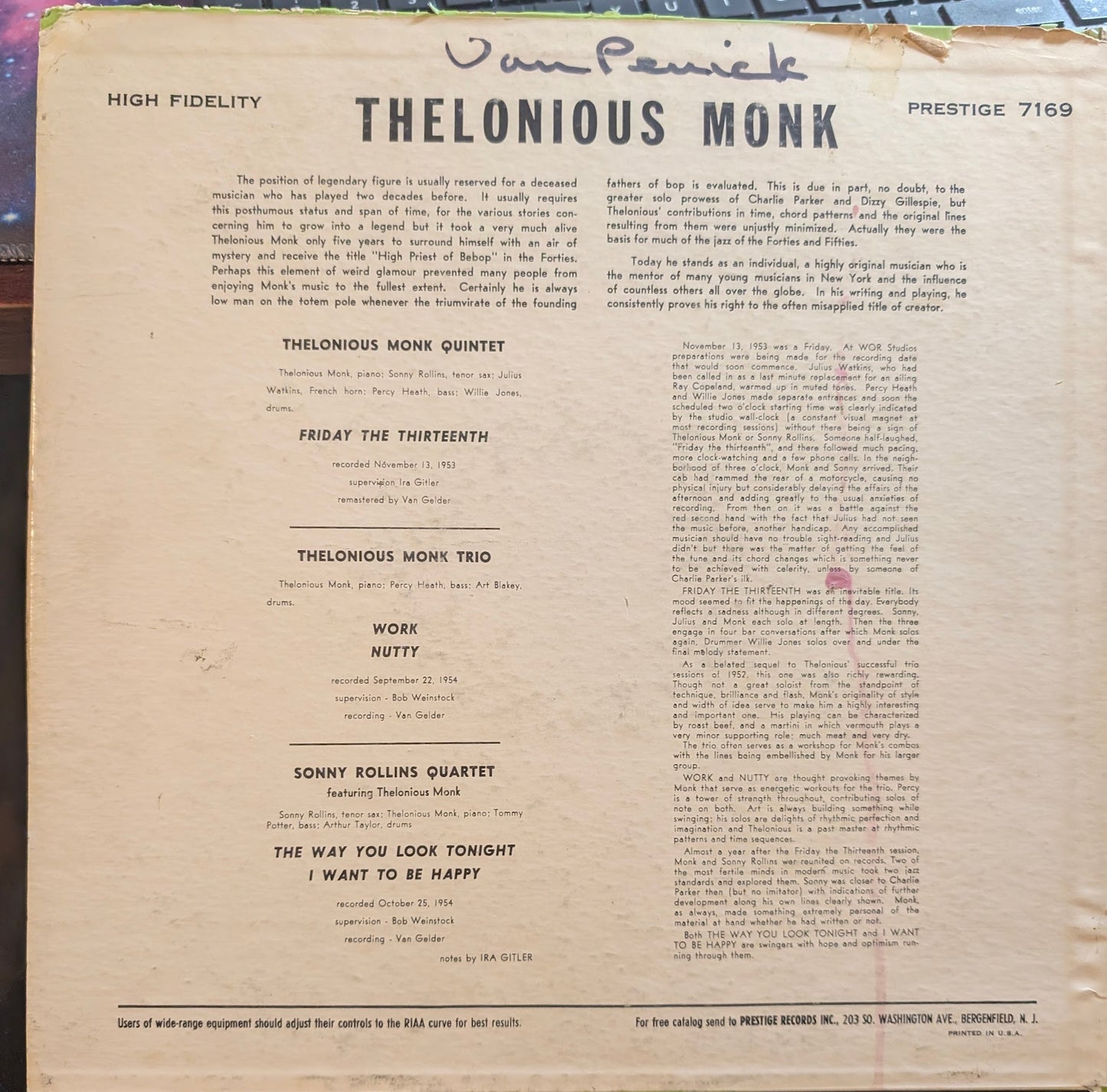 Thelonious Monk Sonny Rollins – Work!  	1959 Genre: Jazz Style: Bop RARE MISPRINT