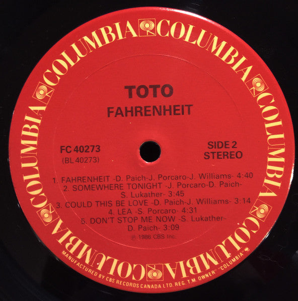 Toto – Fahrenheit 	Aug 1986 Genre: Pop (vinyl) Near mint
