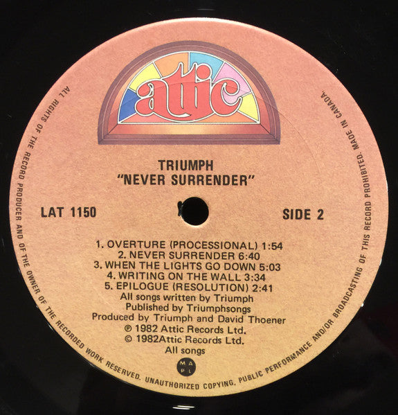 Triumph – Never Surrender – 1982 – Hard Rock / Arena Rock / Canadian Rock (vinyl) Near Mint !