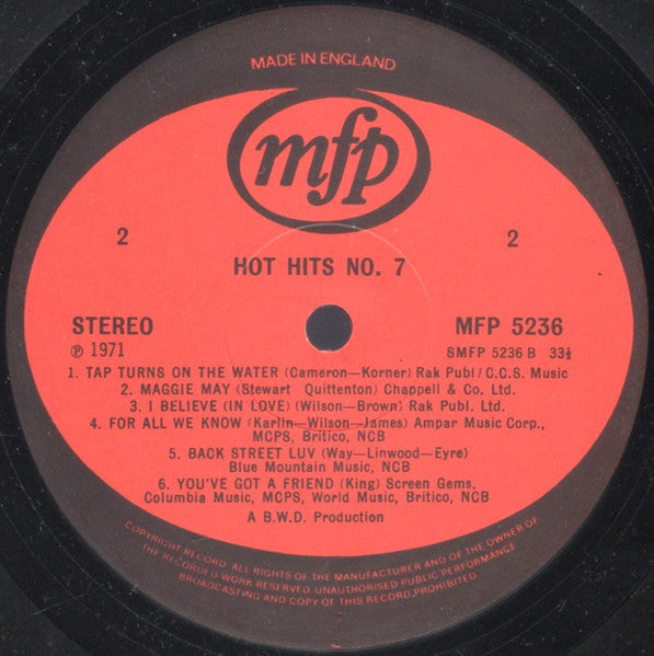 Unknown Artist – Hot Hits 7 - 1971-Rock, Funk / Soul Style: Pop Rock, Soul ( UK Import Vinyl )
