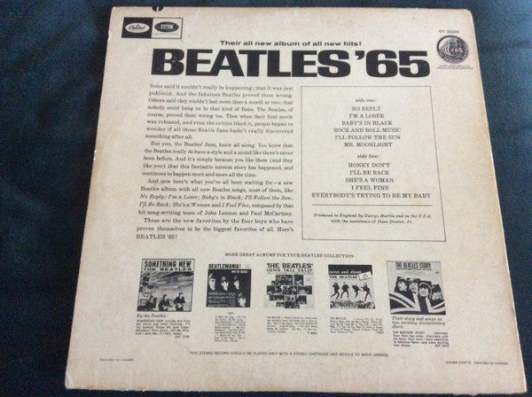 Beatles ,The '65 - Rainbow Label Capitol Lp T 2228 - Canada ( Clearance vinyl) marks plays well