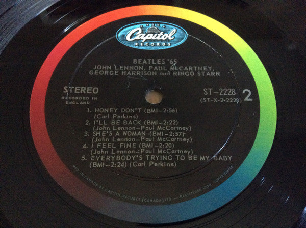 Beatles ,The '65 - Rainbow Label Capitol Lp T 2228 - Canada ( Clearance vinyl) marks plays well