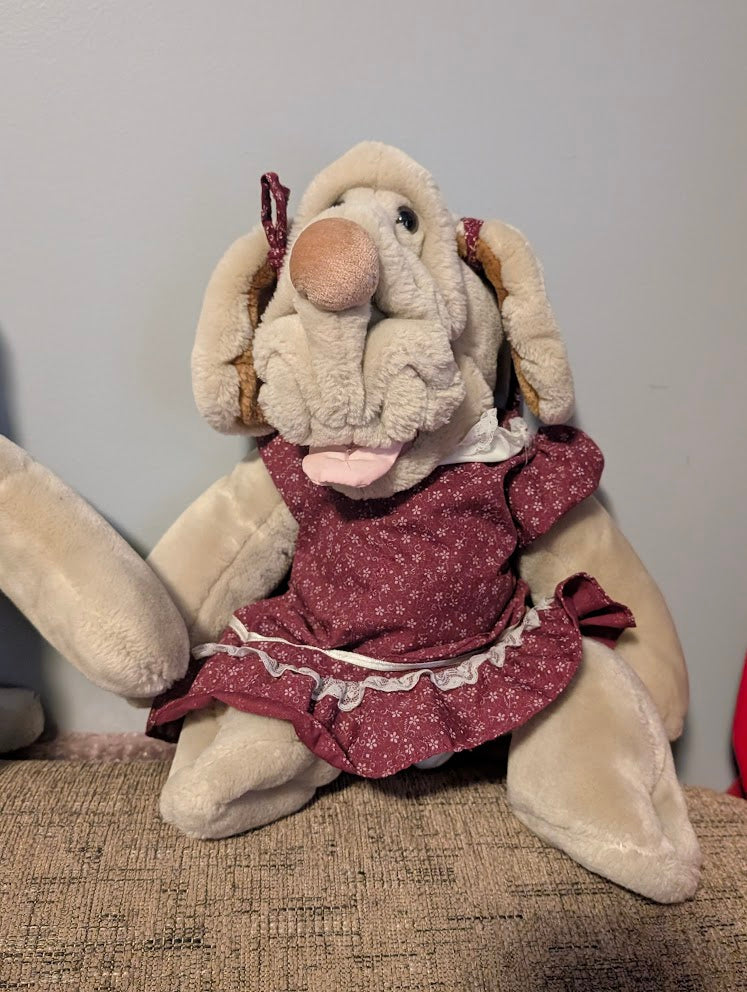 VTG Ganz Bros Wrinkles Dog Hand Puppet Plush 16" Brown Blue Dress Stuffed Puppy