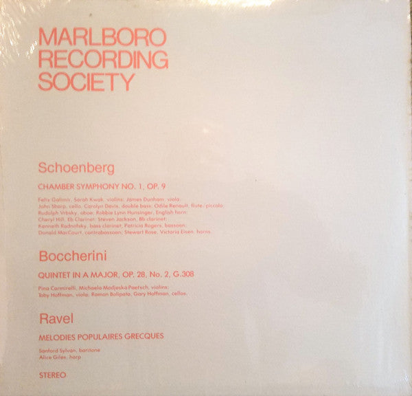 Arnold Schoenberg, Luigi Boccherini, Maurice Ravel – Schoenberg Chamber Symphony No. 1, OP. 9; Boccherini Quintet in A Major, OP. 28, No. 2, G.308; Ravel Melodies Populaires Grecques (Viyl) Sealed