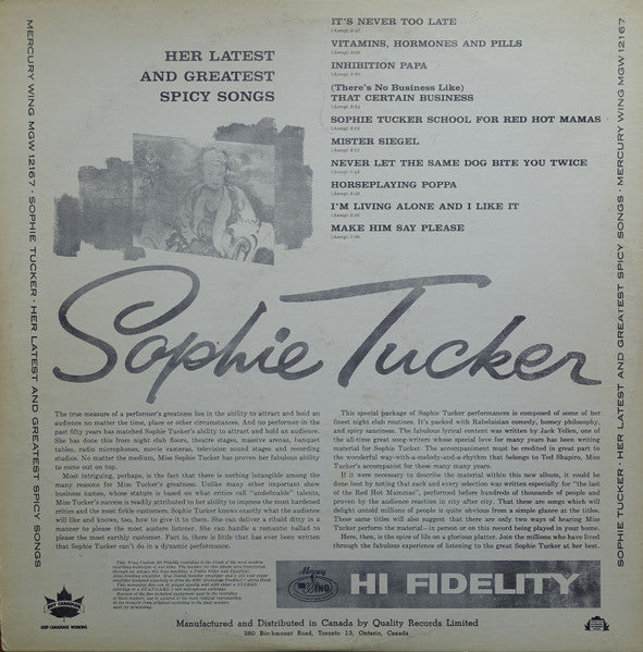 Sophie Tucker – Her Latest and Greatest Spicy Songs – Vaudeville / Comedy / Vocal Mercury Wing – MGW-12167 | Vinyl – Canadian Pressing (High Fidelity) (vinyl)