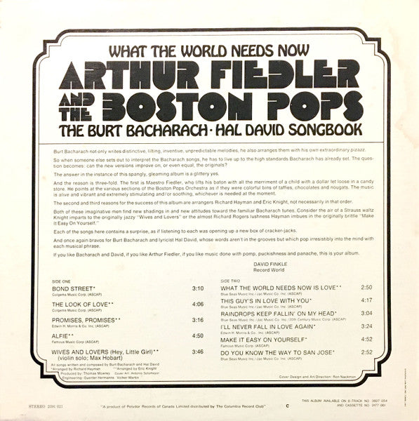Arthur Fiedler And The Boston Pops – What The World Needs Now: The Burt Bacharach-Hal David Songbook -1972 Pop (Vinyl) Mint