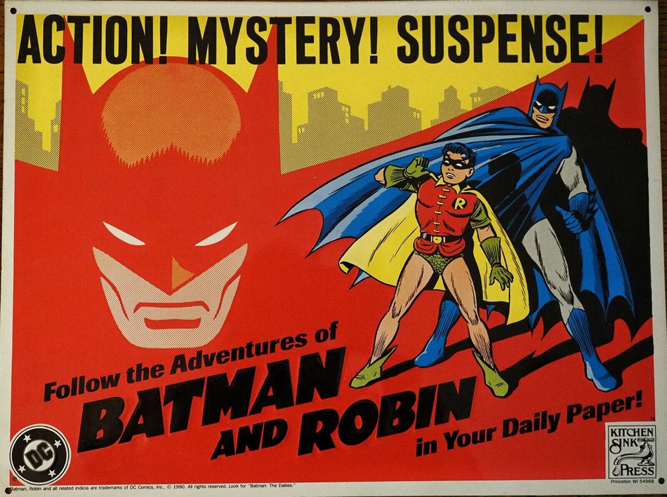 BATMAN & ROBIN Comics KITCHEN SINK PRESS Tin ADVERTISING SIGN 1990 Mint 12”X16”