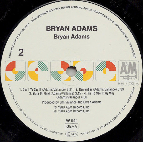 Bryan Adams ‎– Bryan Adams - 1981 - pop Rock ( West German Vinyl ...